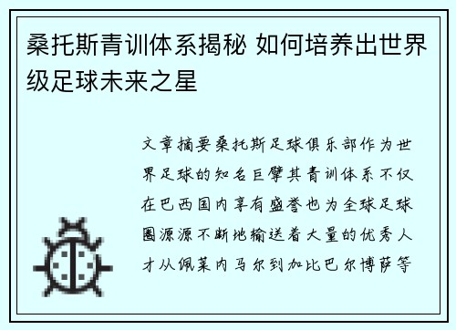 桑托斯青训体系揭秘 如何培养出世界级足球未来之星